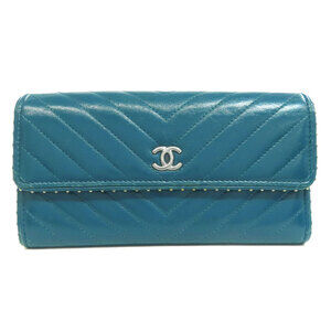 CHANEL Authentic Blue Leather Logo Wallet